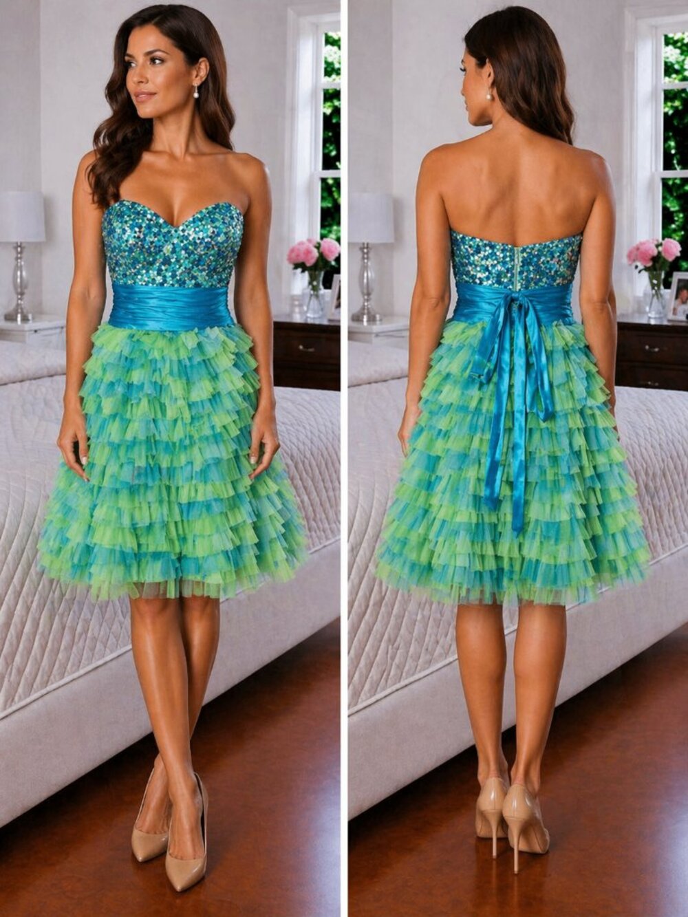 Karishma Strapless Blue Green Sequin Formal Dress $278